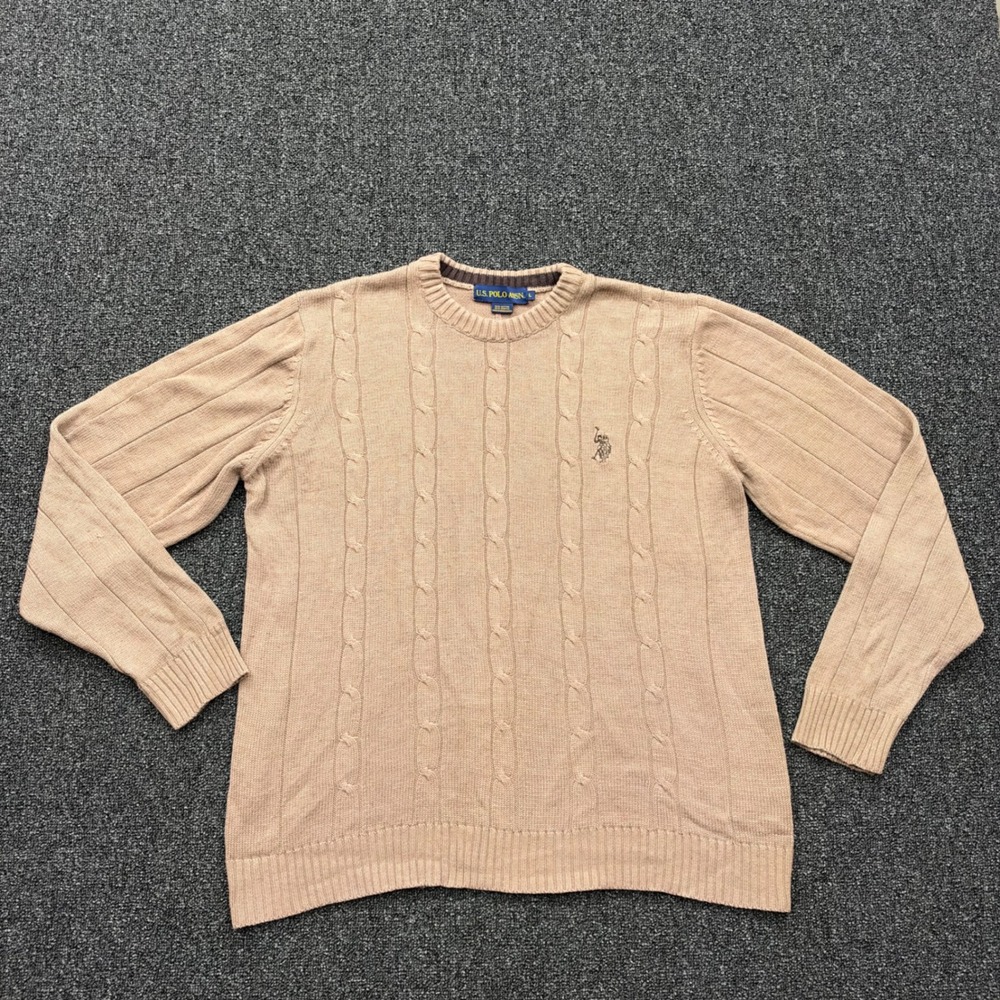 US Polo Assn Cable Knit Crewneck Sweater Mens Large Tan Beige fair preppy work